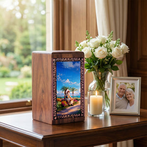 Native Wisdom Coastal Theme Wooden Urn For Burial - Artistic Wooden Memorial Box