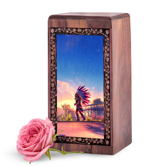 Native Warrior Sunset Cremation Urn For Ashes - Premium Wooden Urn For Ashes