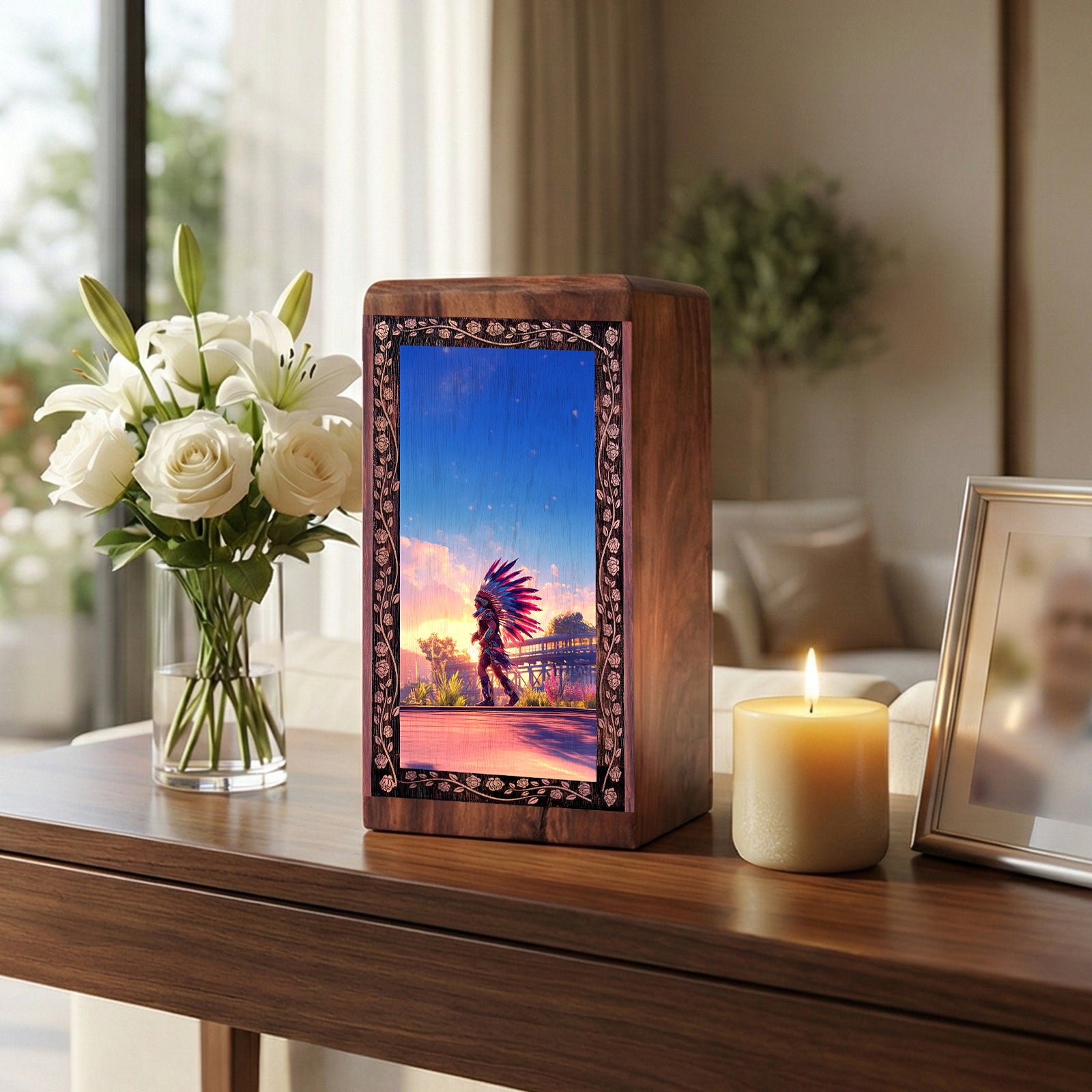 Native Warrior Sunset Cremation Urn For Ashes - Premium Wooden Urn For Ashes