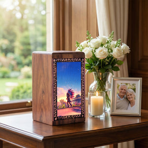 Native Warrior Sunset Cremation Urn For Ashes - Premium Wooden Urn For Ashes