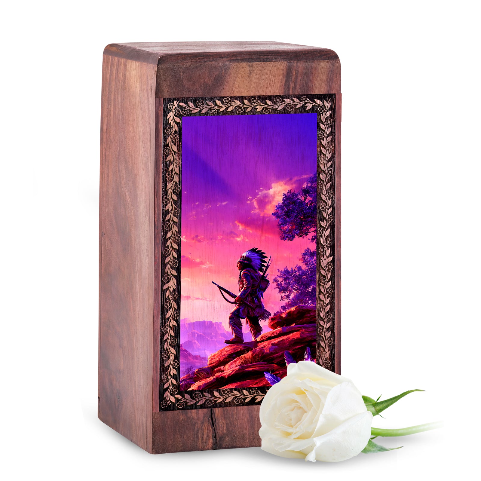 Purple Horizon Warrior Theme Memorial Urn For Adults - Wooden Keepsake Cremation Urns