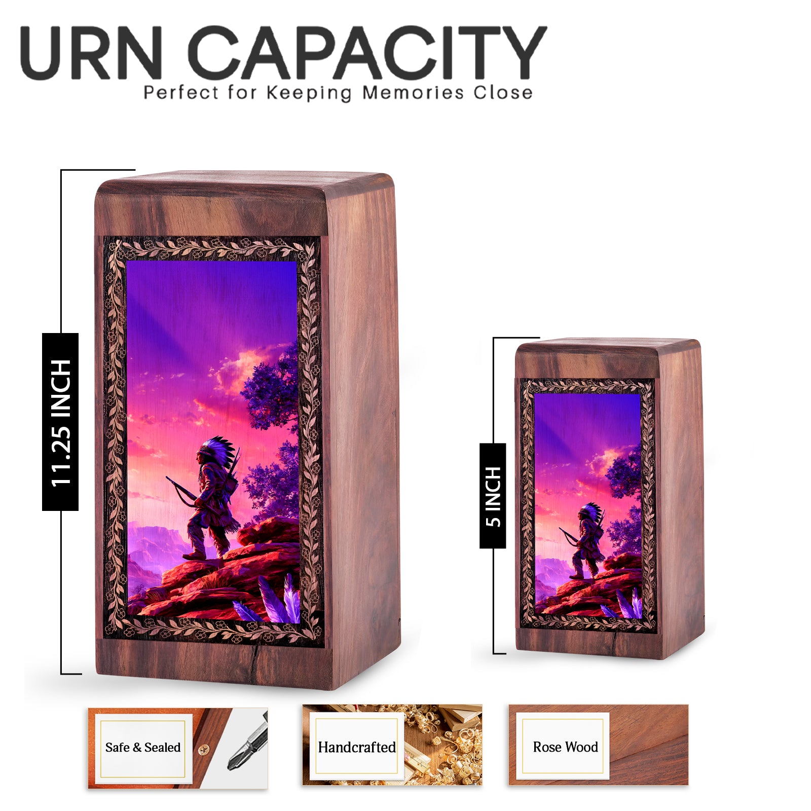 Purple Horizon Warrior Theme Memorial Urn For Adults - Wooden Keepsake Cremation Urns