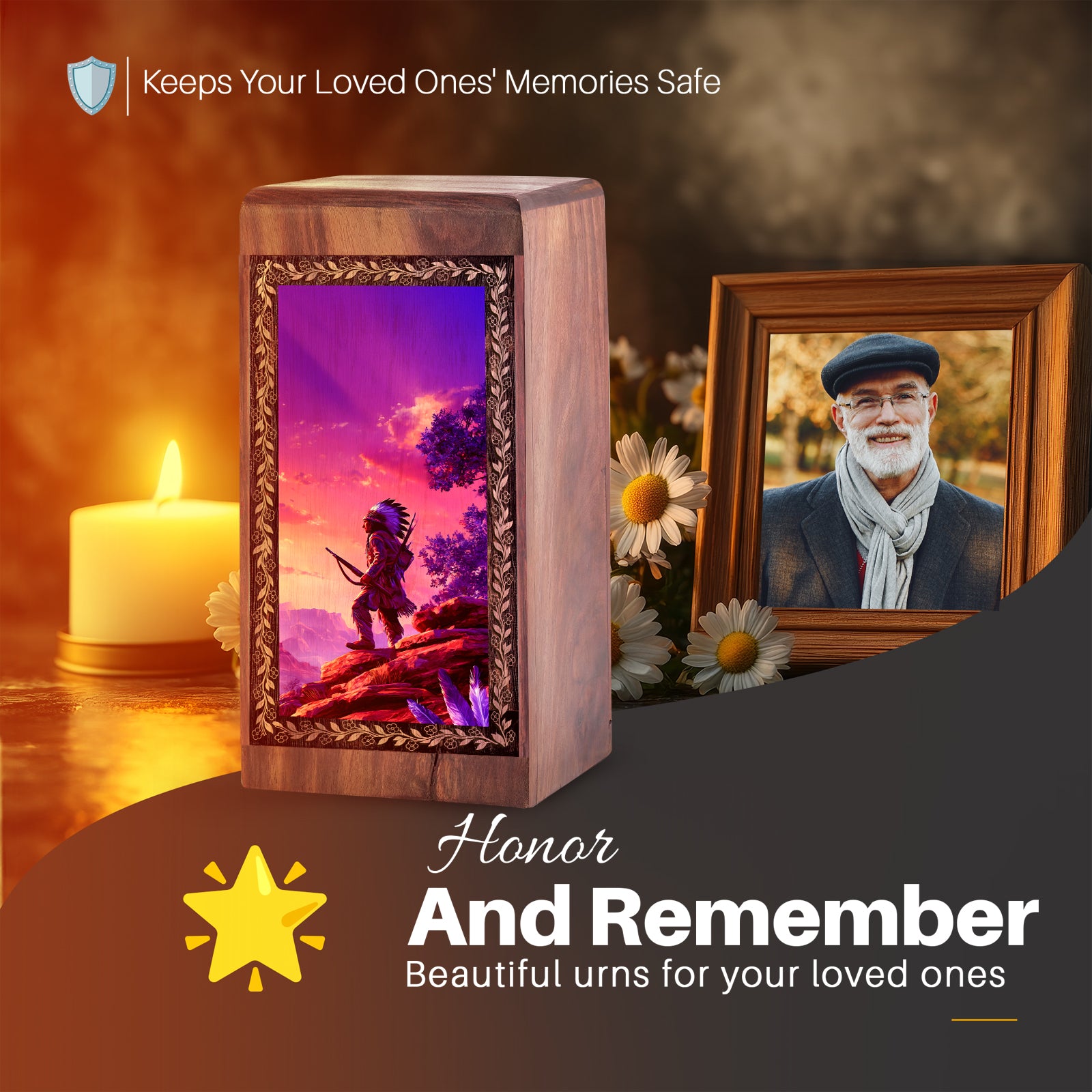 Purple Horizon Warrior Theme Memorial Urn For Adults - Wooden Keepsake Cremation Urns