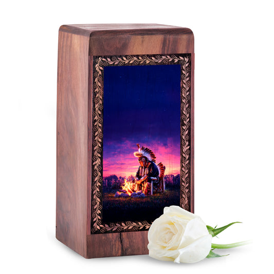 Night Sky Spirit Native Warrior Urn - Handmade Campfire Spirit Theme Urn For Human Ashes