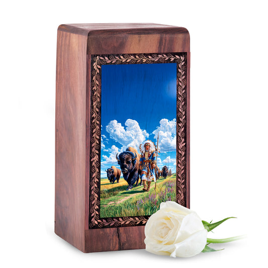 Native American Funeral Urn For Human - Buffalo Spirit Legacy Theme Keepsake Box For Men