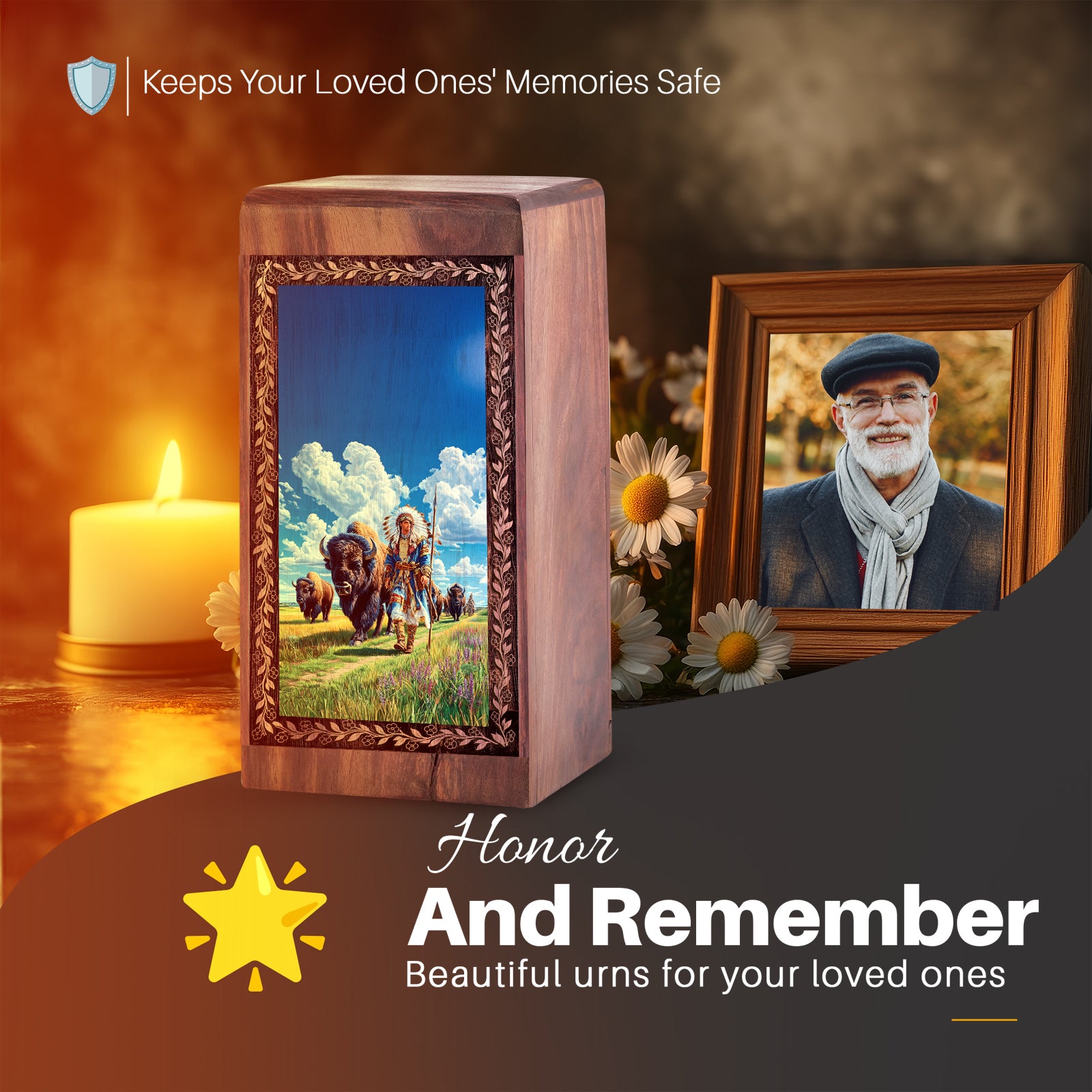 Native American Funeral Urn For Human - Buffalo Spirit Legacy Theme Keepsake Box For Men