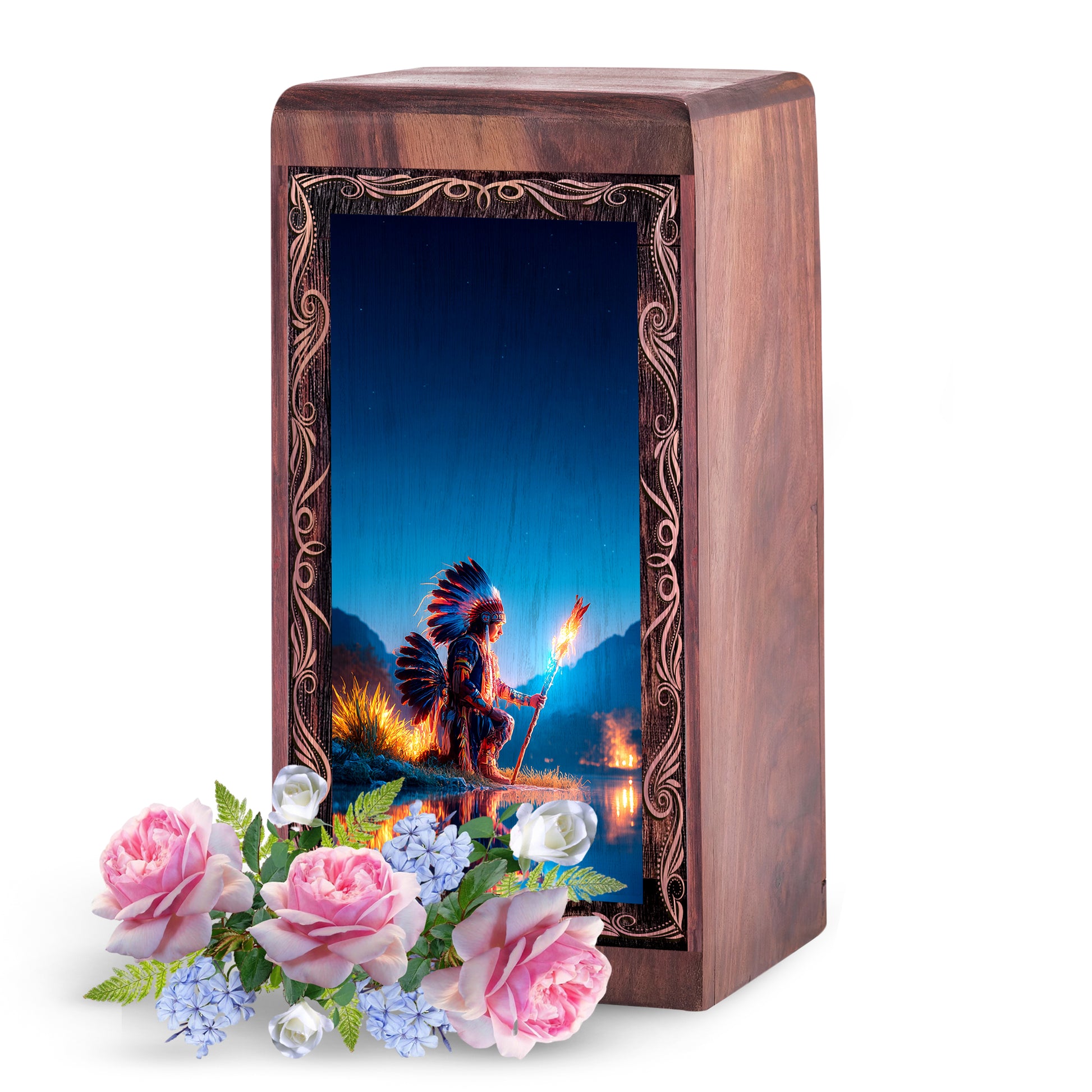 Premium Native Wooden Urn Box - Guardian Flame Theme Keepshake For Burial