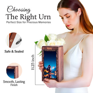 Premium Native Wooden Urn Box - Guardian Flame Theme Keepshake For Burial