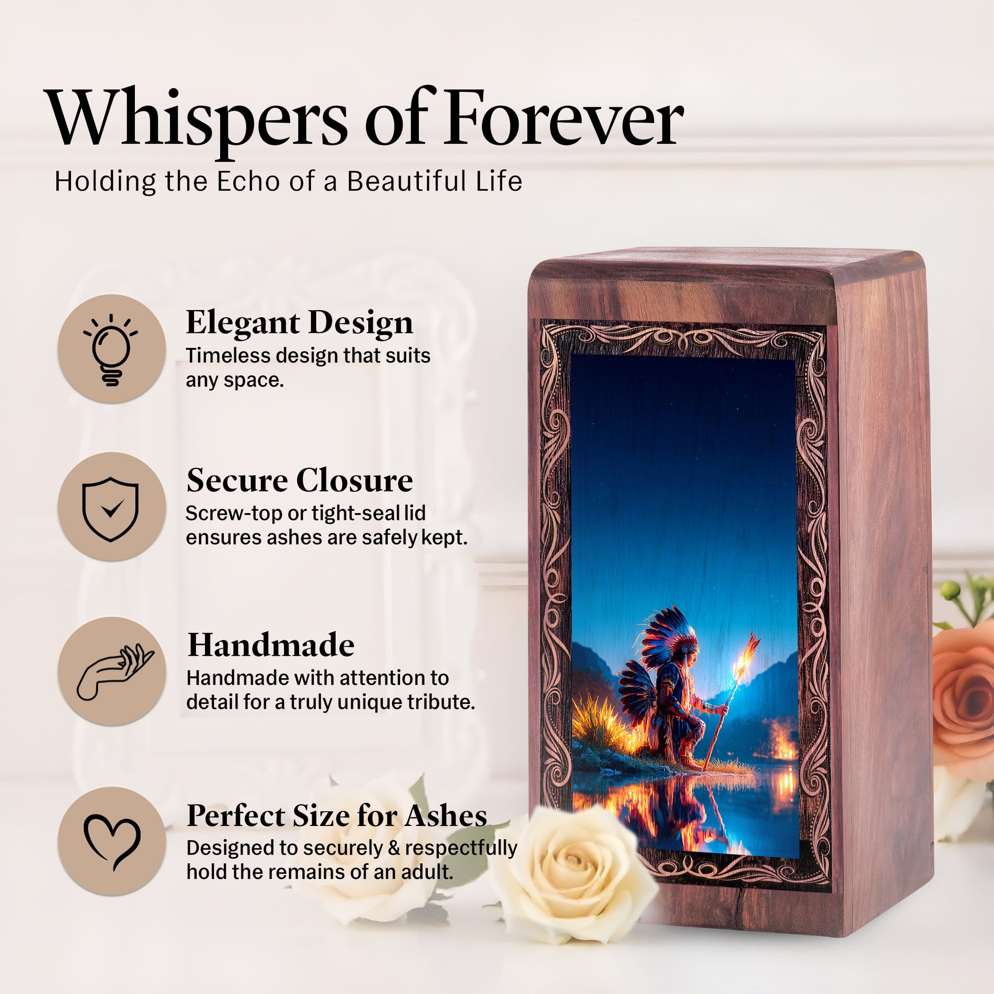 Premium Native Wooden Urn Box - Guardian Flame Theme Keepshake For Burial
