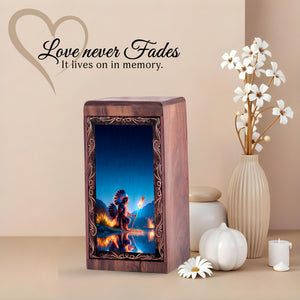 Premium Native Wooden Urn Box - Guardian Flame Theme Keepshake For Burial