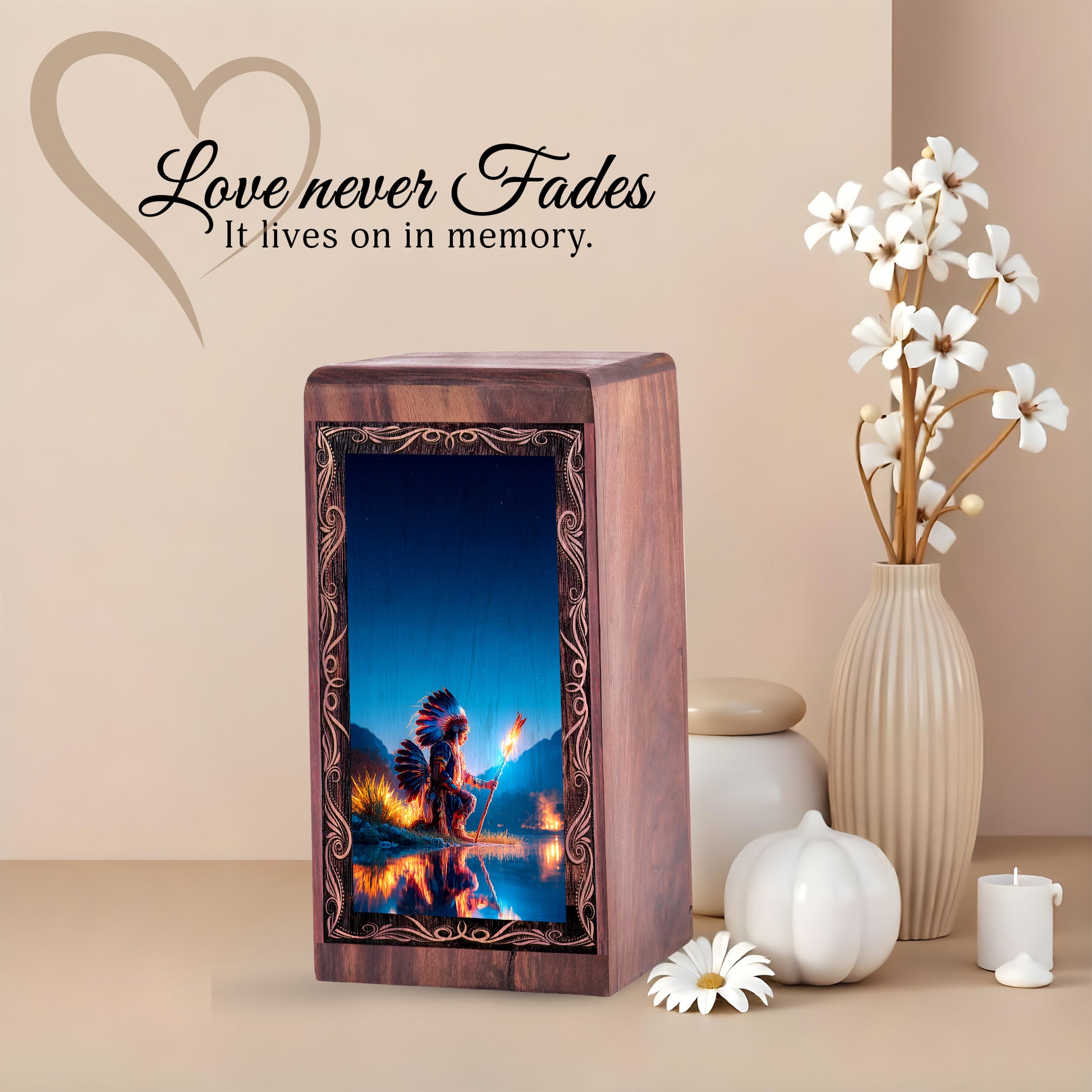 Premium Native Wooden Urn Box - Guardian Flame Theme Keepshake For Burial