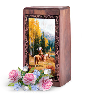 Native Horse Journey Theme Memorial Box - Funeral Wooden Urn Box For Ashes Adult
