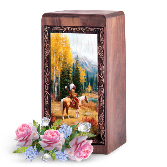 Native Horse Journey Theme Memorial Box - Funeral Wooden Urn Box For Ashes Adult
