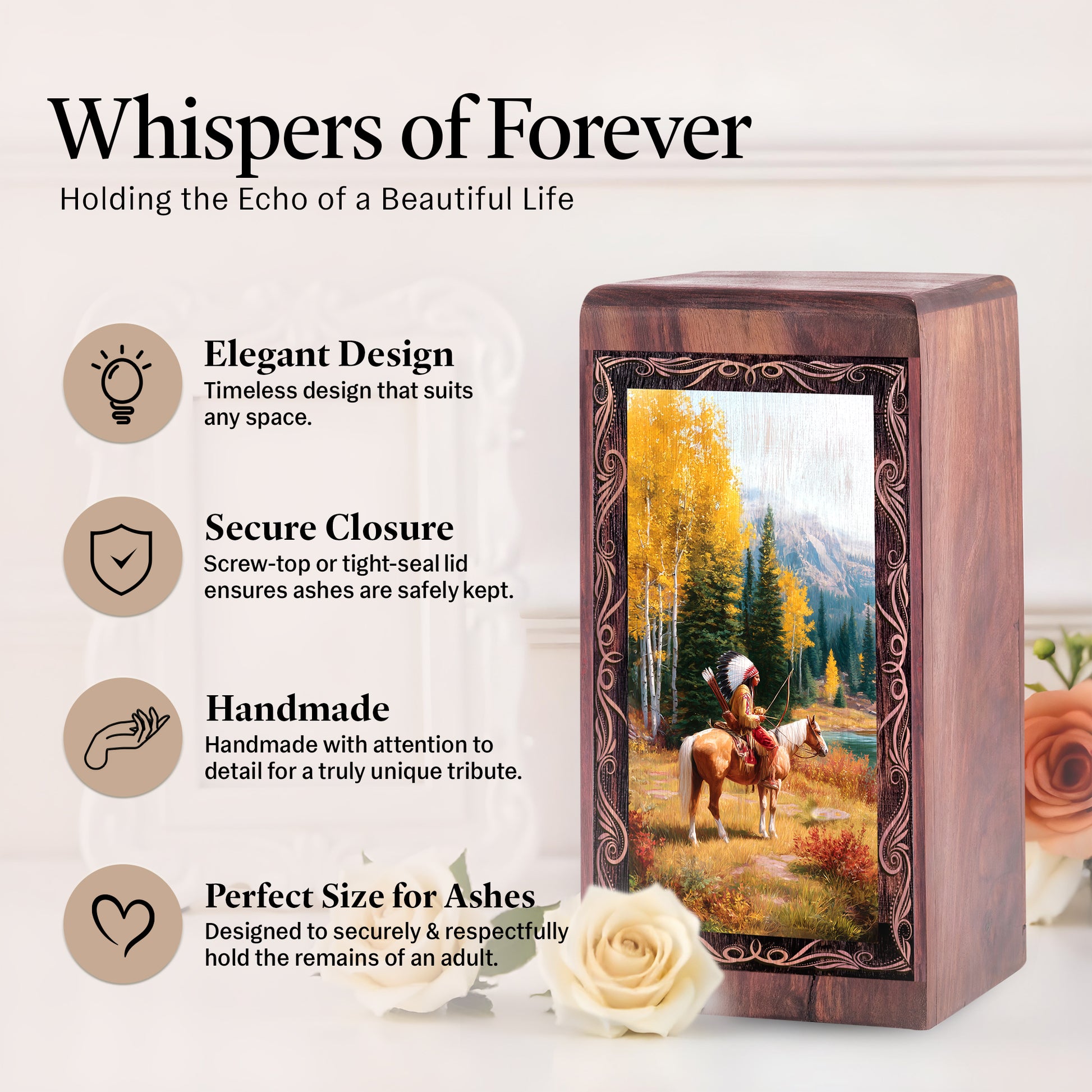 Native Horse Journey Theme Memorial Box - Funeral Wooden Urn Box For Ashes Adult