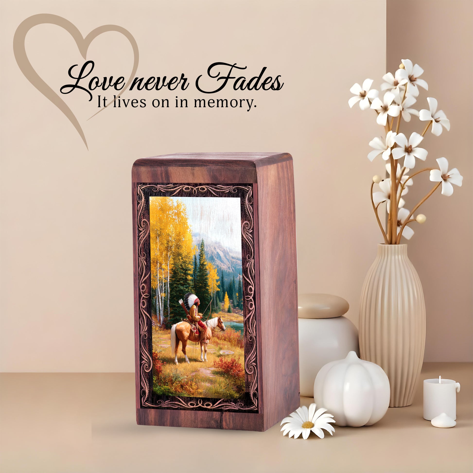 Native Horse Journey Theme Memorial Box - Funeral Wooden Urn Box For Ashes Adult