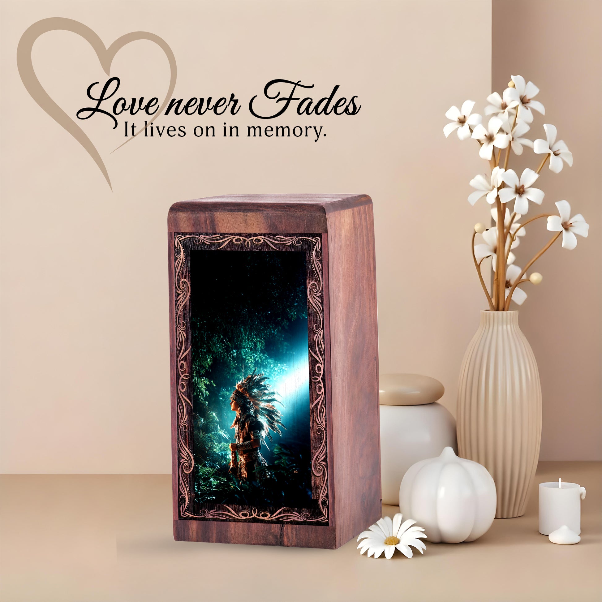 Spirit Native Light Theme Cremation Urn For Ashes - Handmade Wooden Urn For Burial