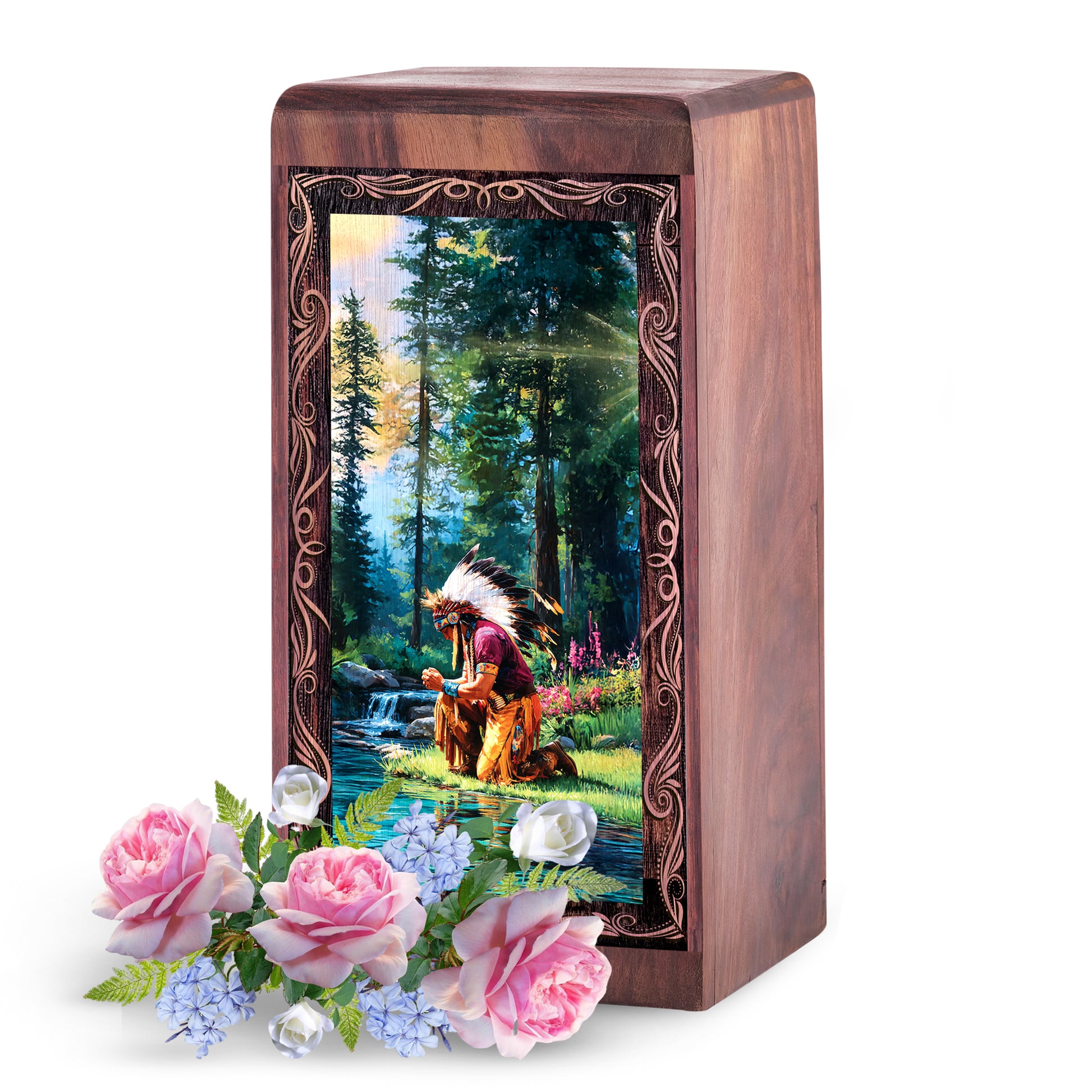 Native Peaceful River Theme For Human Ashes – Handmade Wooden Urn Box For Mom & Dad