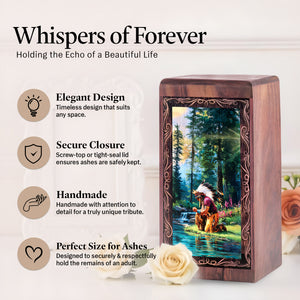 Native Peaceful River Theme For Human Ashes – Handmade Wooden Urn Box For Mom & Dad