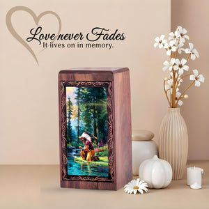 Native Peaceful River Theme For Human Ashes – Handmade Wooden Urn Box For Mom & Dad
