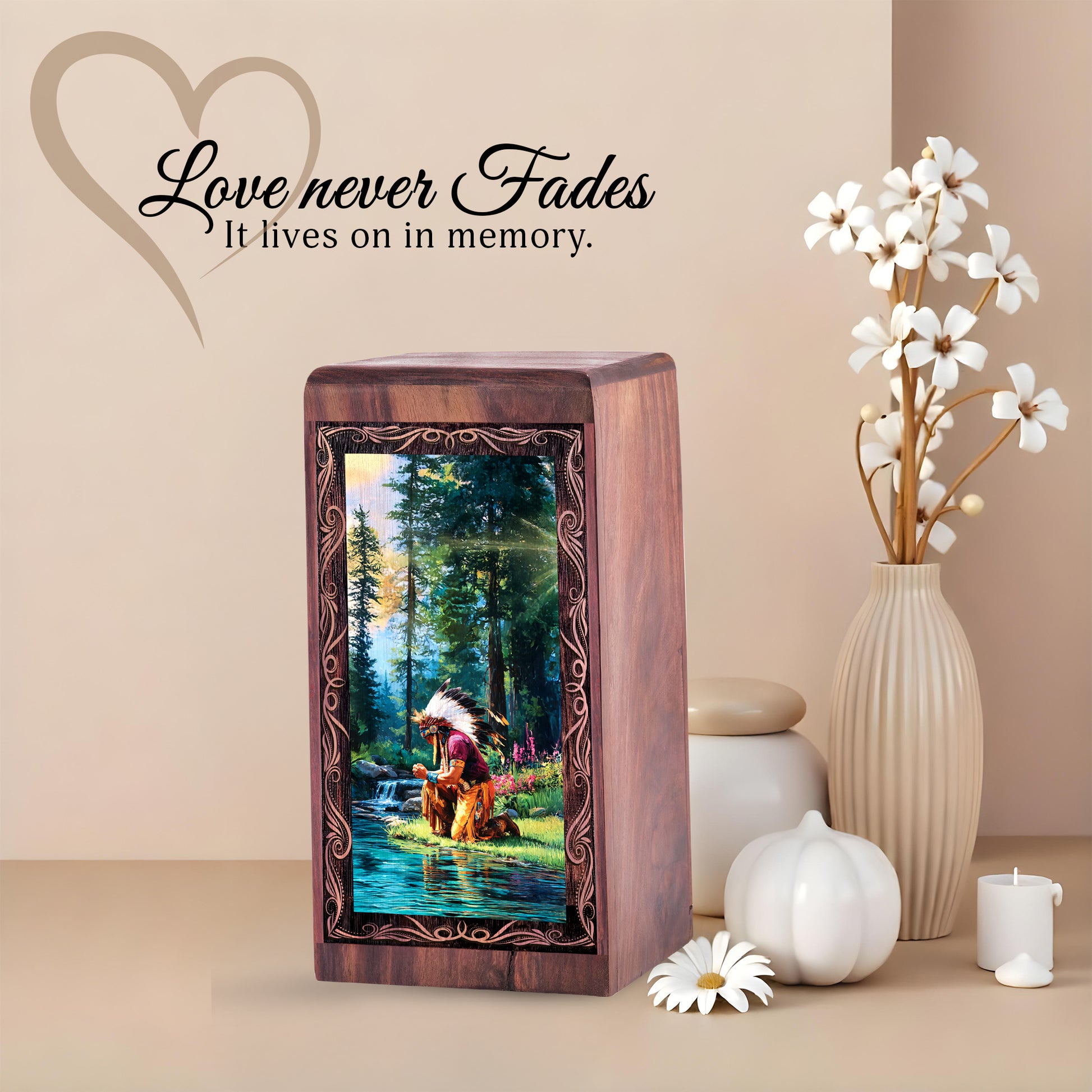 Native Peaceful River Theme For Human Ashes – Handmade Wooden Urn Box For Mom & Dad