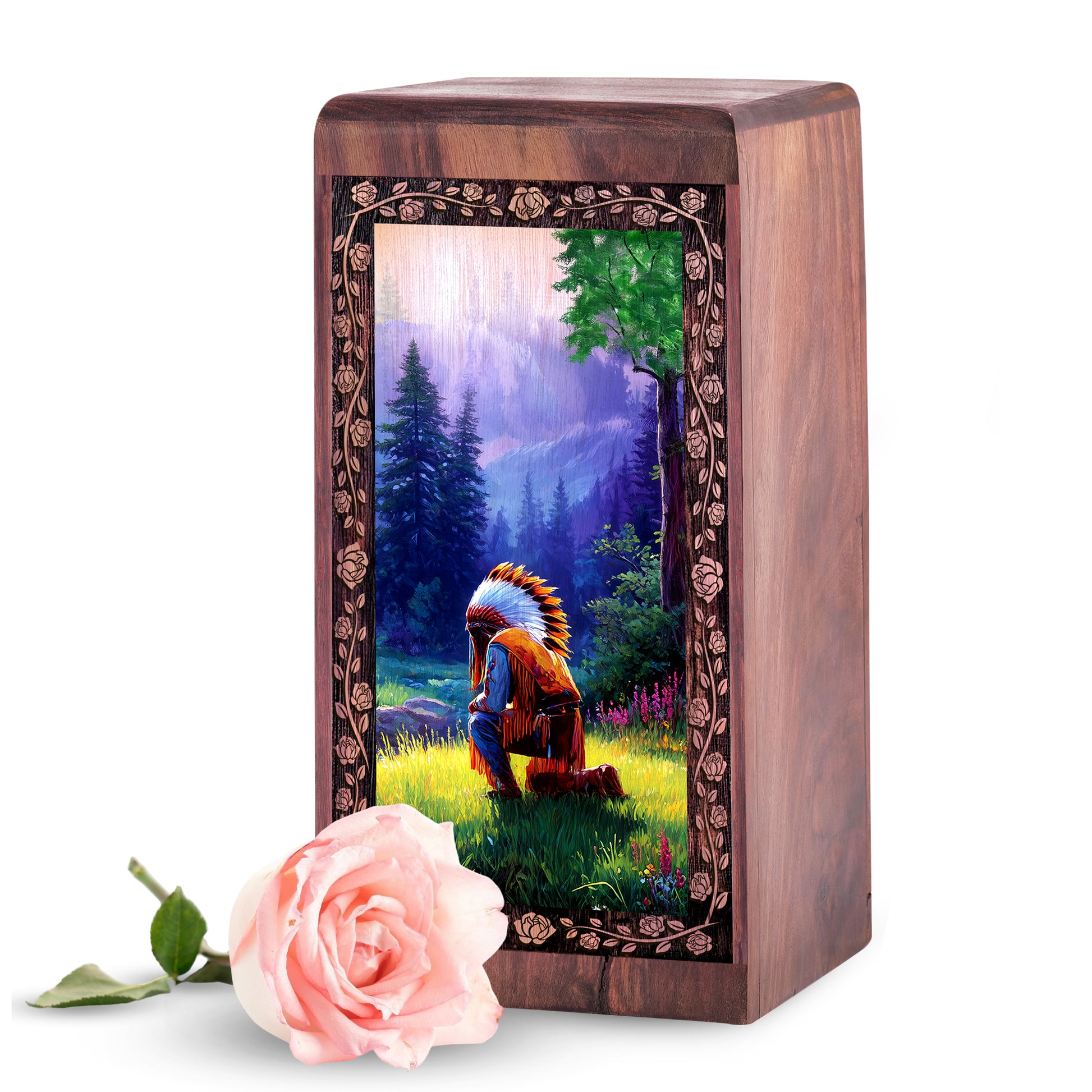 Native Memorial Wood Funeral Urn - Sacred Mountain Light Theme Funeral Urns For Woman