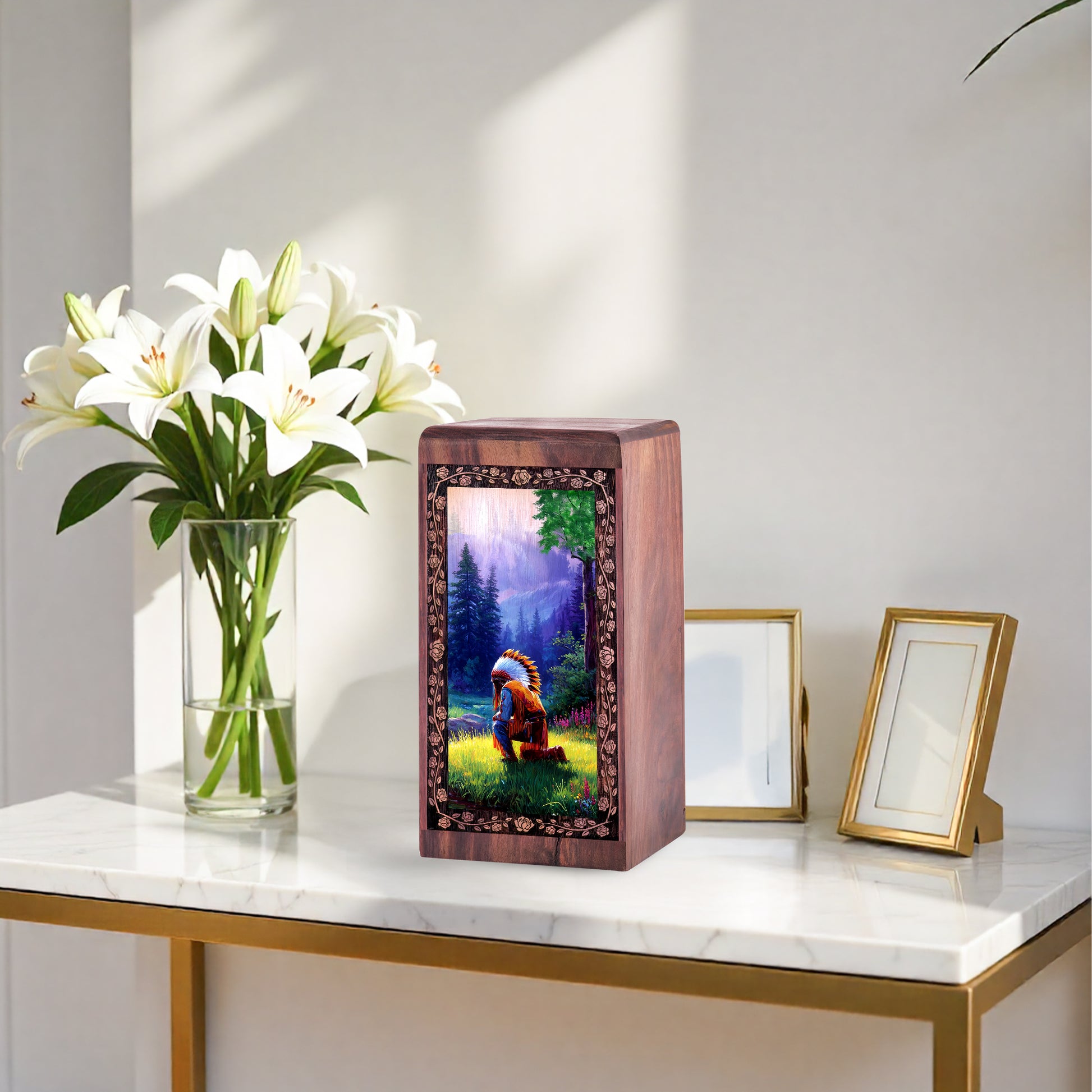 Native Memorial Wood Funeral Urn - Sacred Mountain Light Theme Funeral Urns For Woman