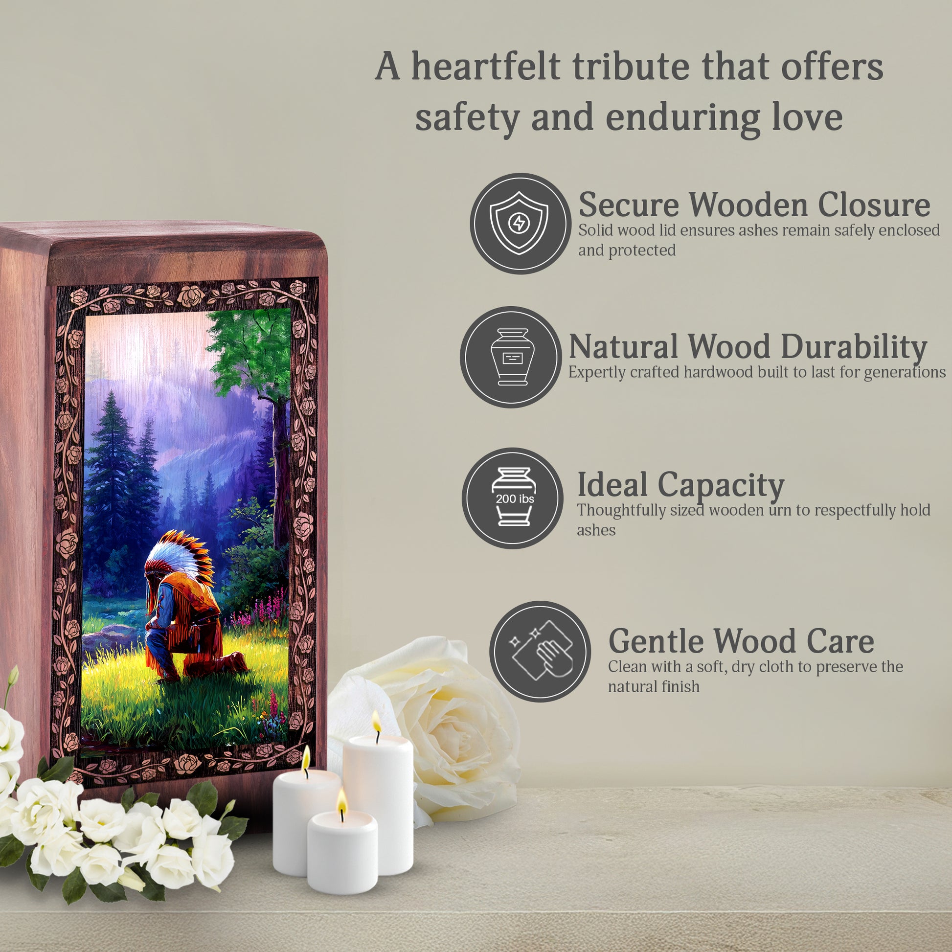 Native Memorial Wood Funeral Urn - Sacred Mountain Light Theme Funeral Urns For Woman
