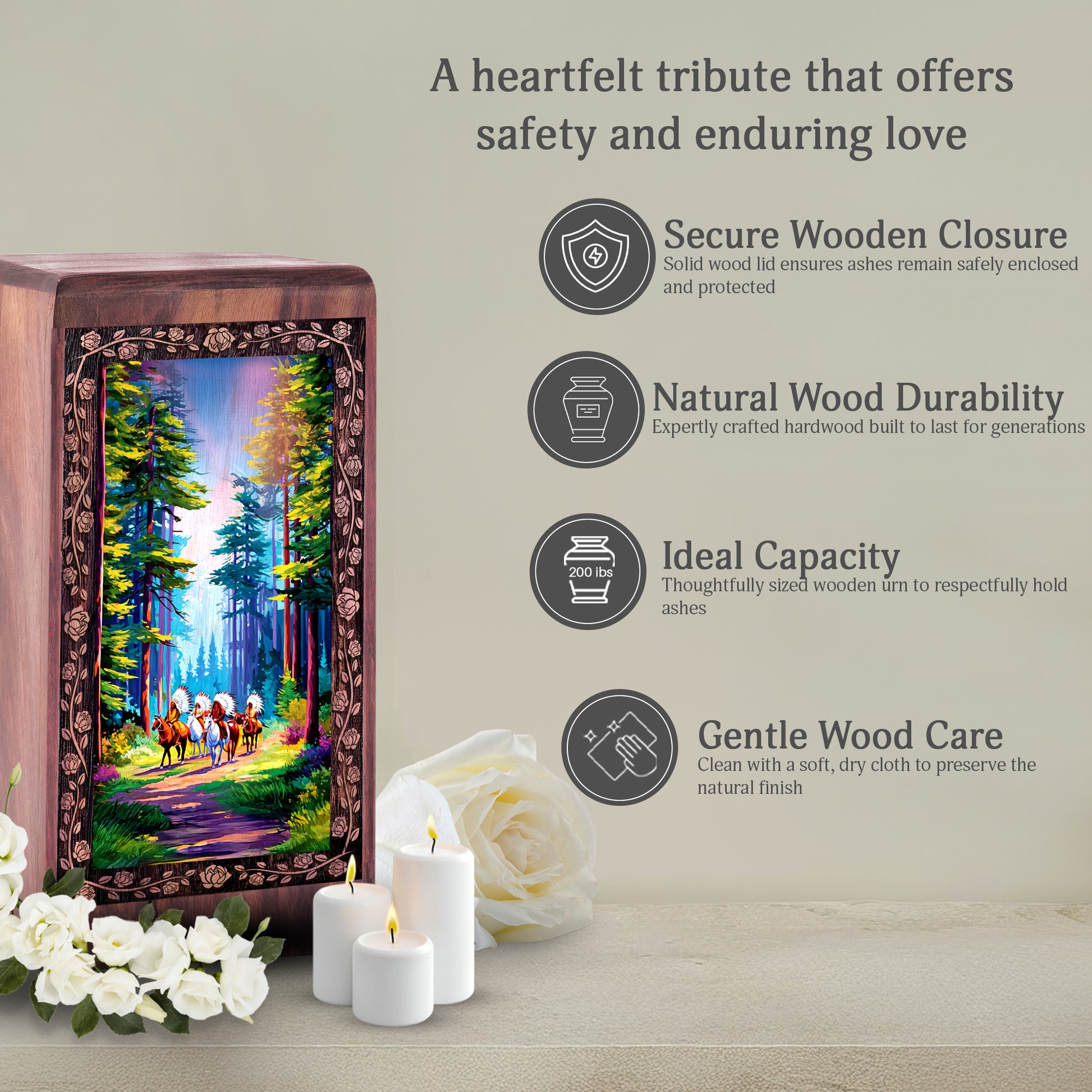 Native American Rider Memorial Urn For Adult Ashes - Wooden Keepshake Box For Man