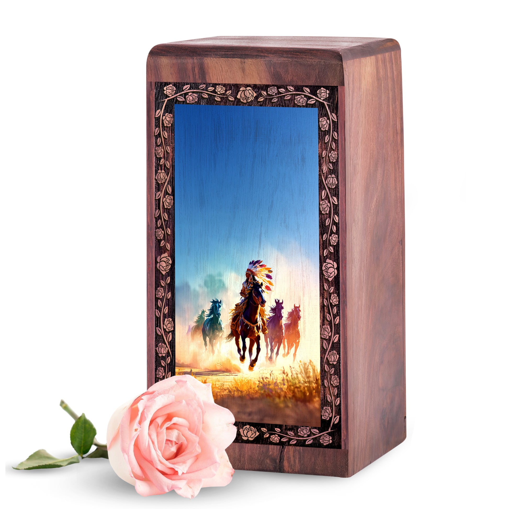 Native American Cremation Urn For Ashes - Horse Riding Theme Keepshake For Mom & Dad