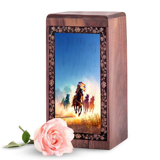 Native American Cremation Urn For Ashes - Horse Riding Theme Keepshake For Mom & Dad