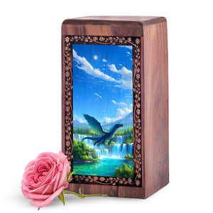 Handmade Wooden Dragon Urn for Human Ashes - Majestic Waterfall Theme Urns