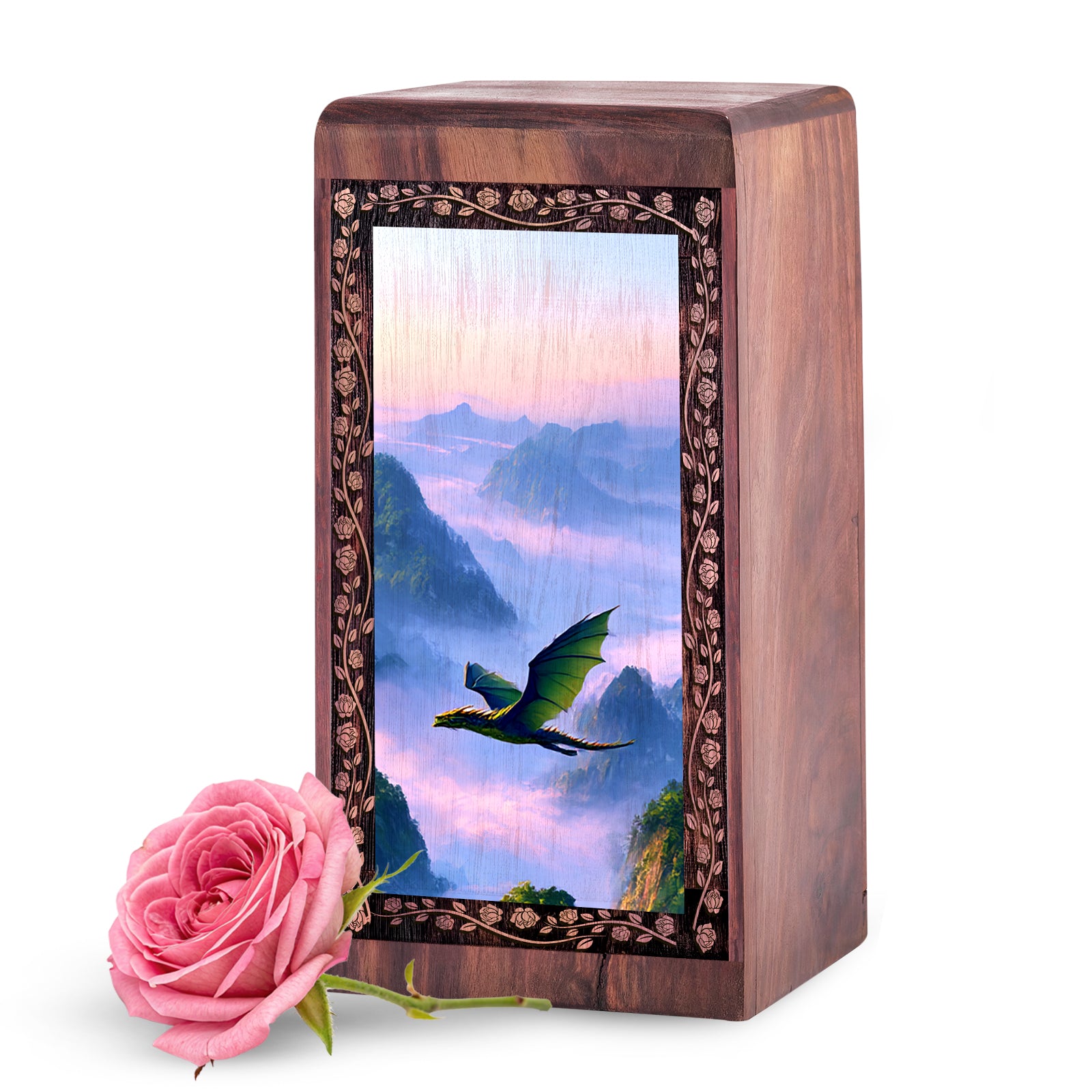 Handcrafted Dragon Mountain Keepsake - Wood Cremation Urn For Adult