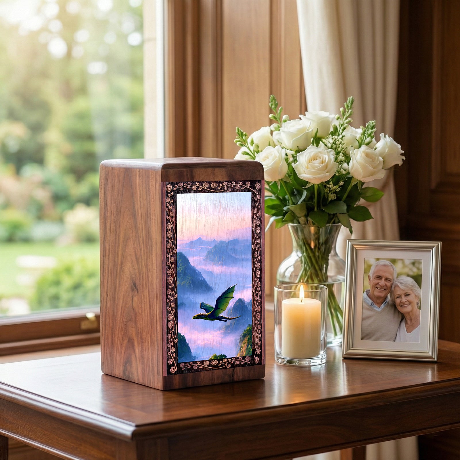 Handcrafted Dragon Mountain Keepsake - Wood Cremation Urn For Adult
