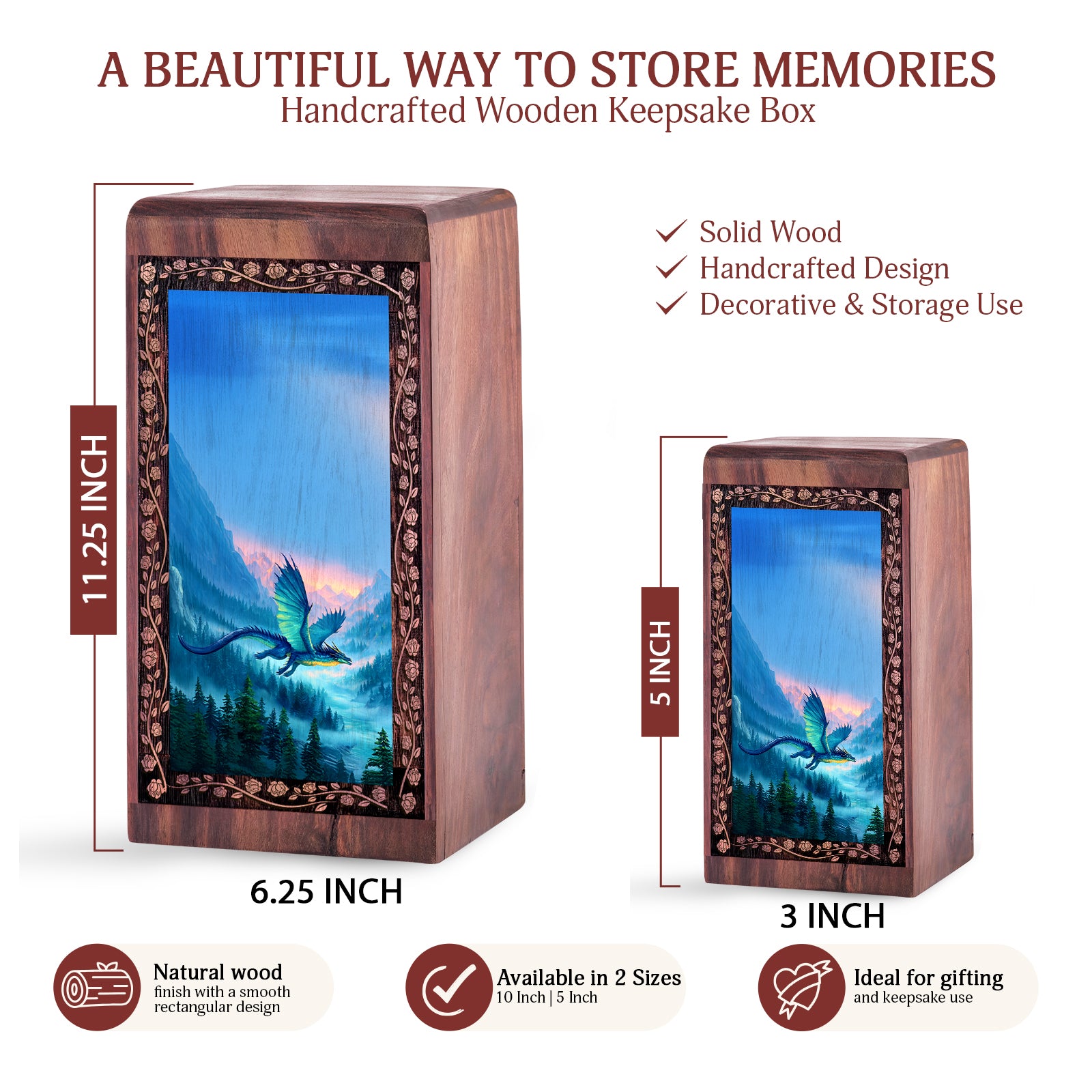 Flying Dragon Theme Memorial Urn - Dragon Wooden Urn For Mom & Dad