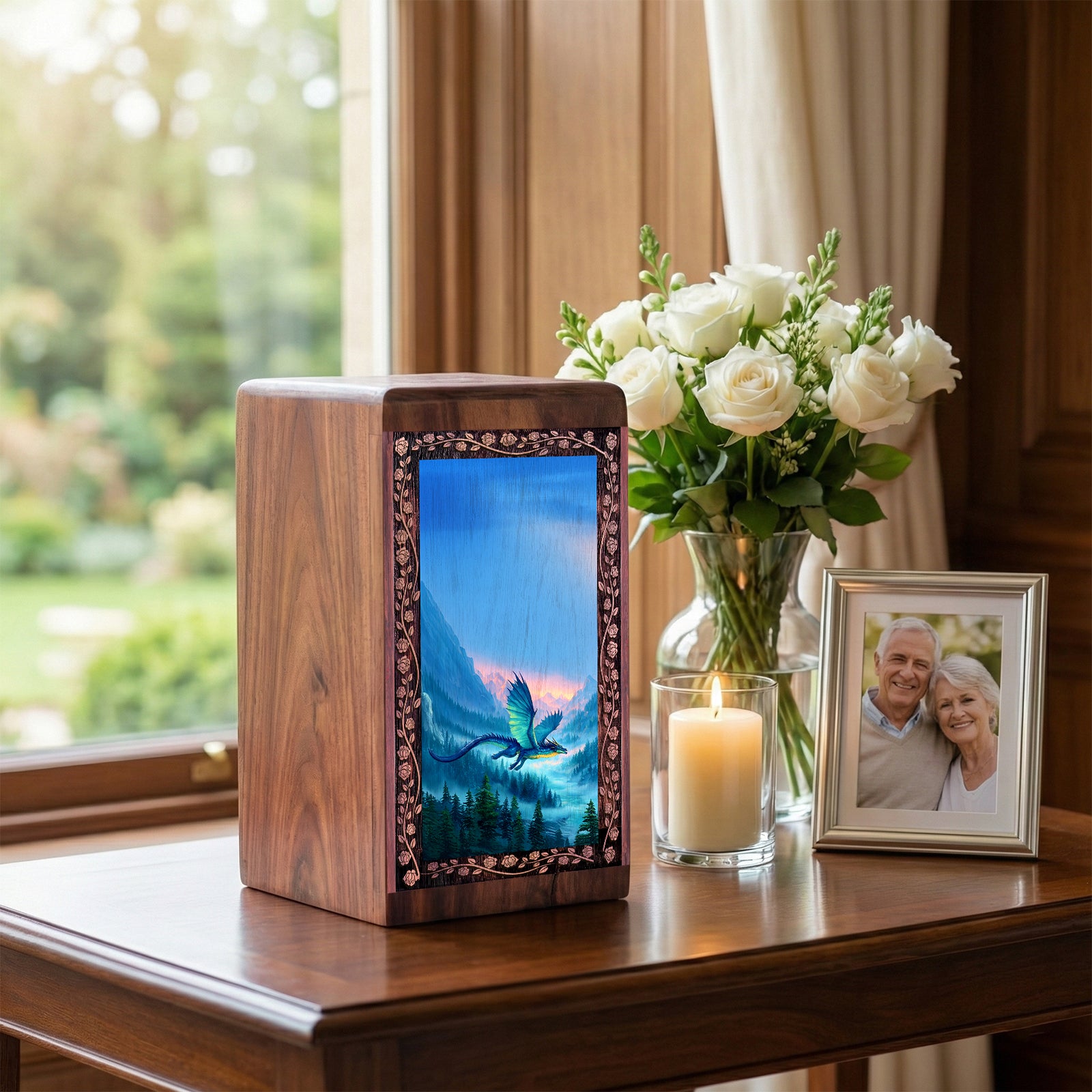Flying Dragon Theme Memorial Urn - Dragon Wooden Urn For Mom & Dad