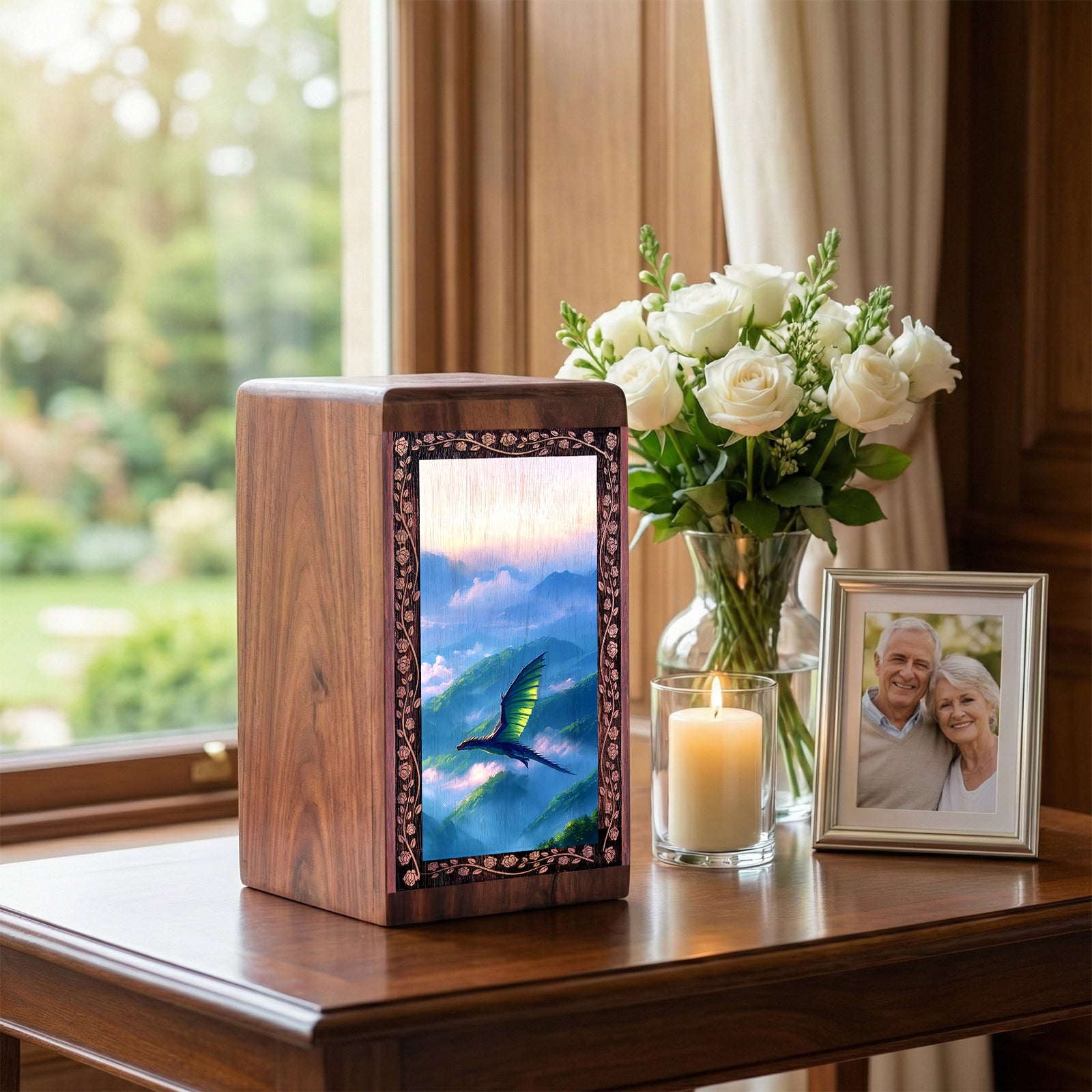Powerful Spirit Dragon Memorial Urn For Ashes - Handcrafted Wood Box Urn