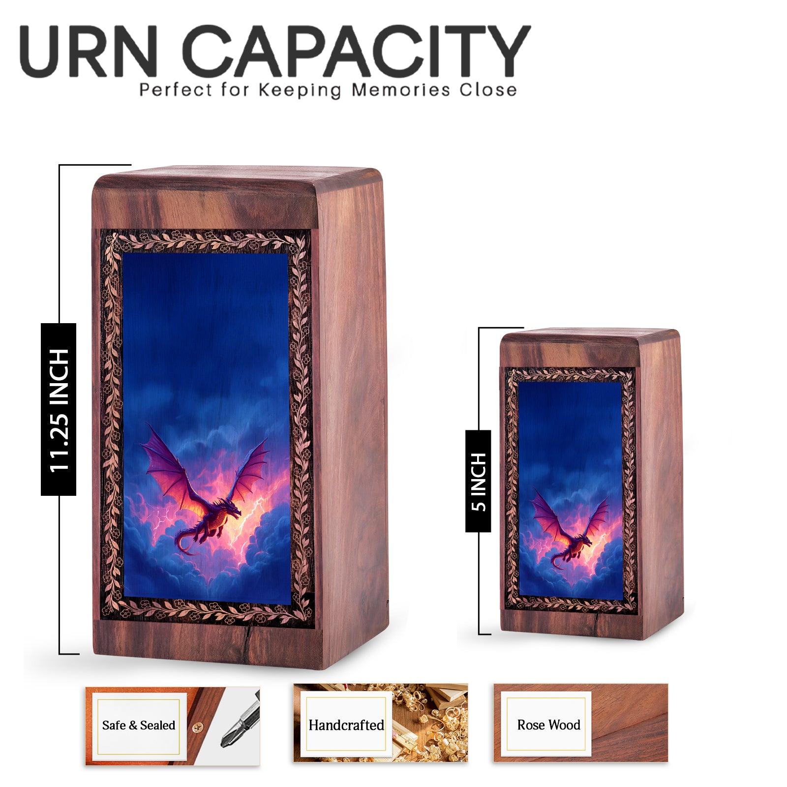 Thunder Dragon Theme Urns for Human Ashes - Customize Wooden Urn For Burial