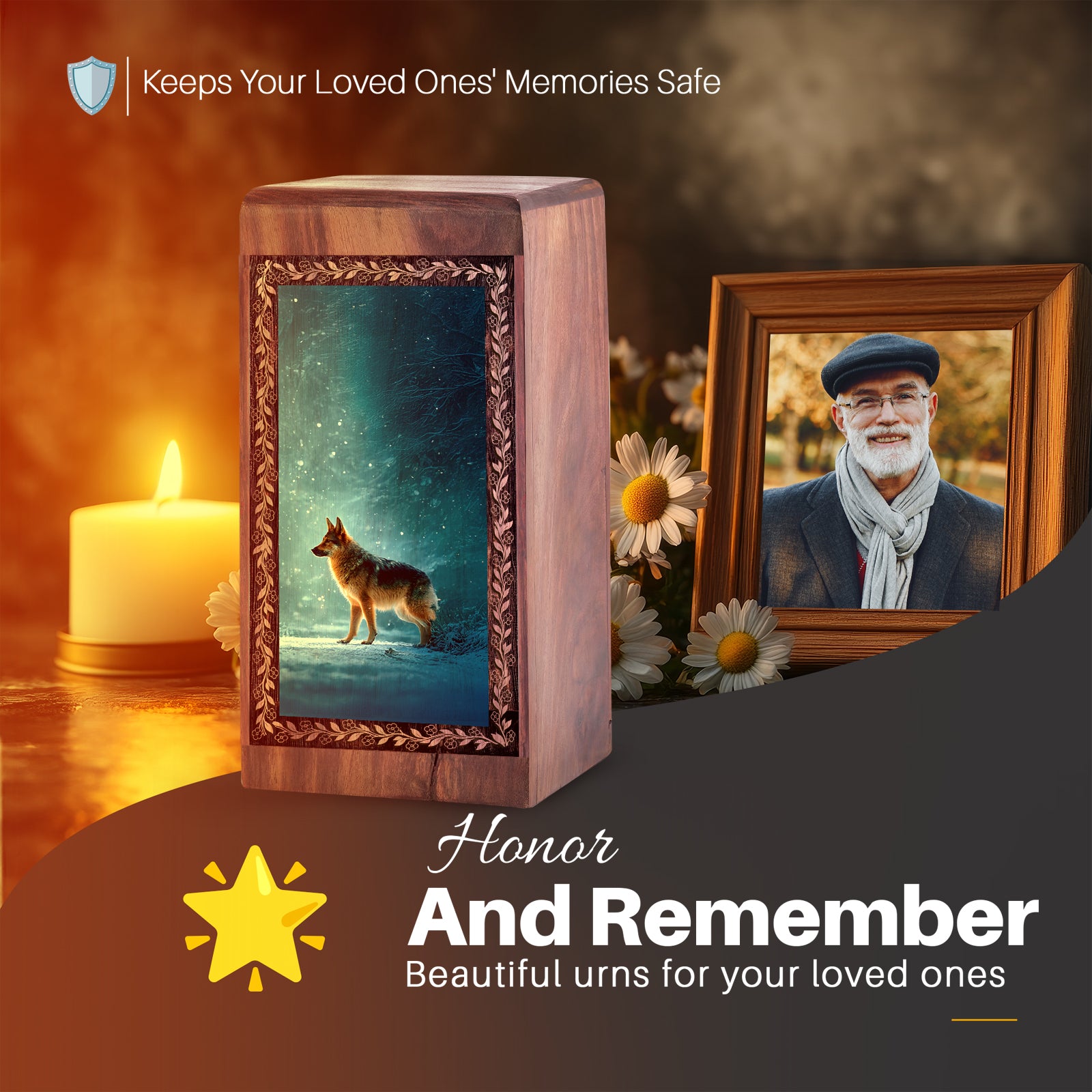 Night shadow Dog Cremation Urn For Ashes - German Shephard Wooden Urn