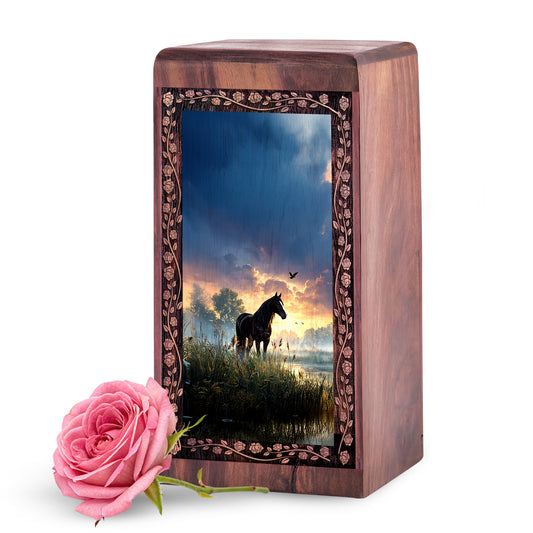 Horse Wooden Funeral Urn - Sunset Theme Wood Urn Box For Male Ashes