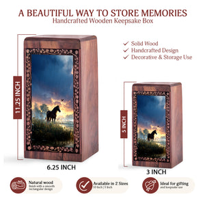 Horse Wooden Funeral Urn - Sunset Theme Wood Urn Box For Male Ashes