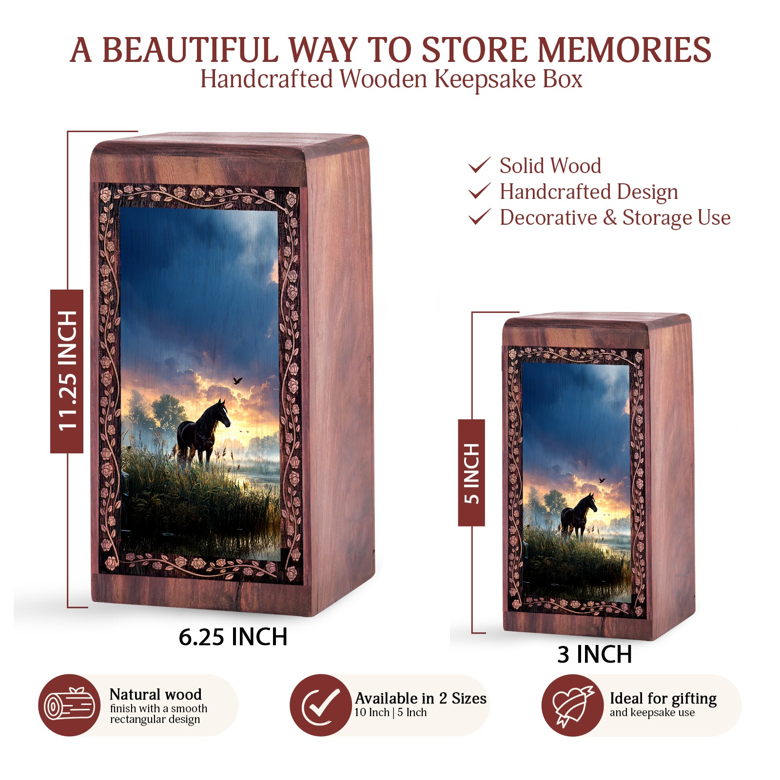 Horse Wooden Funeral Urn - Sunset Theme Wood Urn Box For Male Ashes
