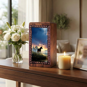 Horse Wooden Funeral Urn - Sunset Theme Wood Urn Box For Male Ashes