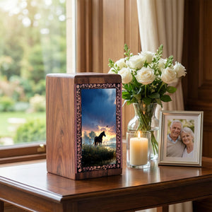 Horse Wooden Funeral Urn - Sunset Theme Wood Urn Box For Male Ashes