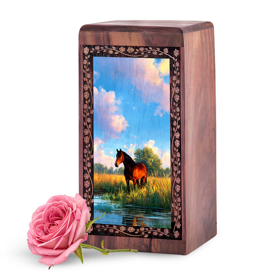 Horse Funeral Urn For Ashes - Sunny Theme Rosewood Cremation Box