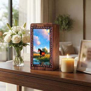 Horse Funeral Urn For Ashes - Sunny Theme Rosewood Cremation Box