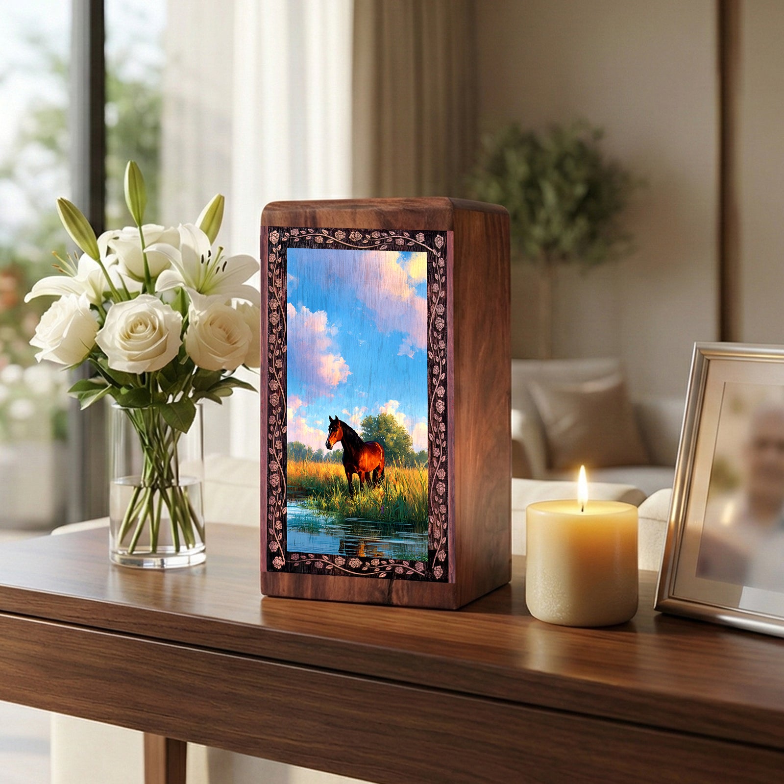 Horse Funeral Urn For Ashes - Sunny Theme Rosewood Cremation Box