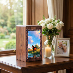 Horse Funeral Urn For Ashes - Sunny Theme Rosewood Cremation Box