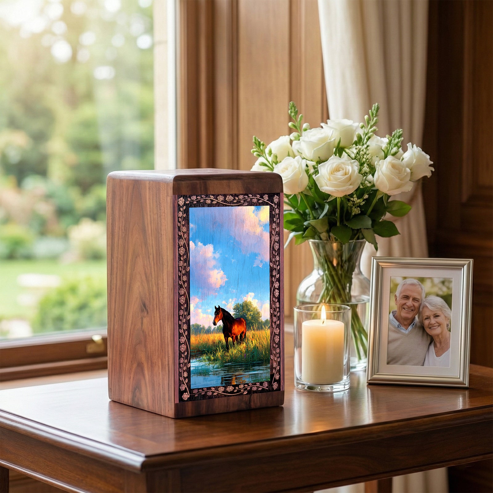 Horse Funeral Urn For Ashes - Sunny Theme Rosewood Cremation Box