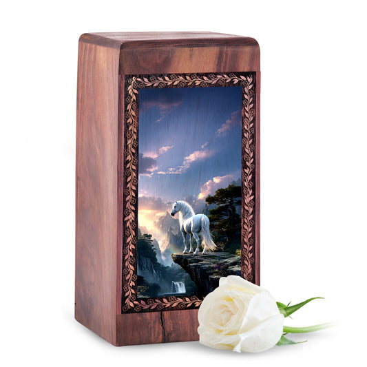 Horse Funeral Box For Ashes - White Horse Mountain Theme Handmade Wood Urn