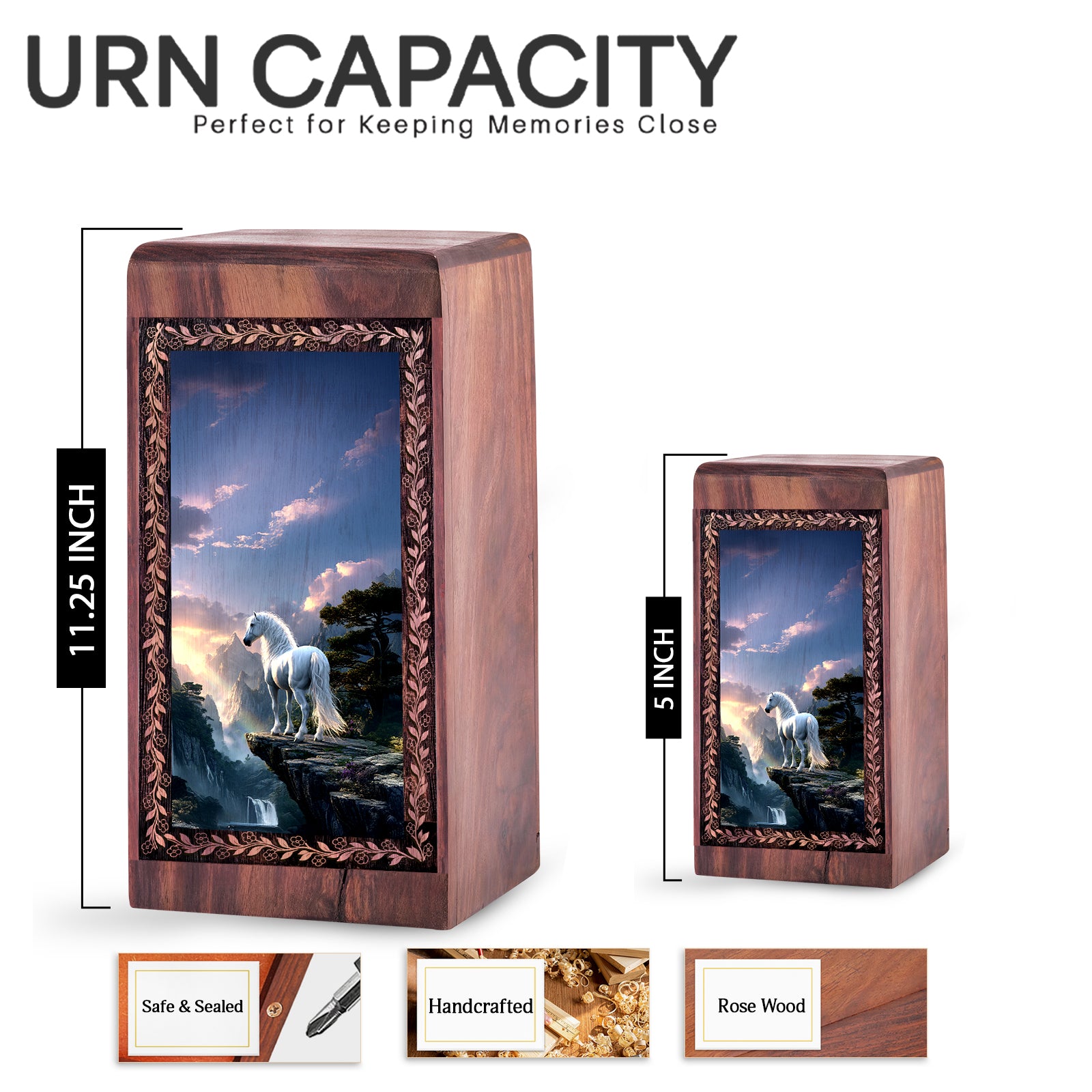 Horse Funeral Box For Ashes - White Horse Mountain Theme Handmade Wood Urn